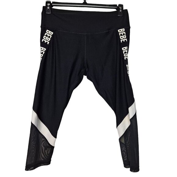 Bebe Sport Yoga Athletic Pants Large Black Workout Stretch Mesh Legs Spellout - Picture 2 of 5